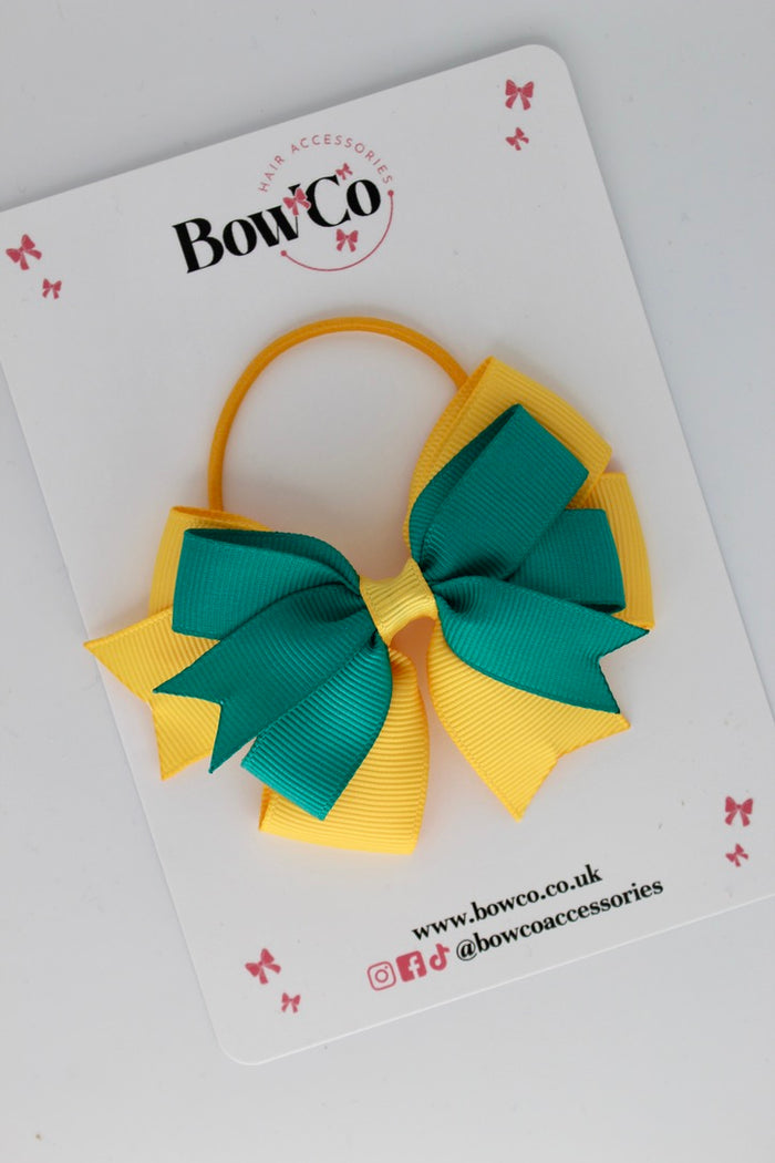 School Bow Jade Green and Yellow Gold - Double Tail Bow - Elastic