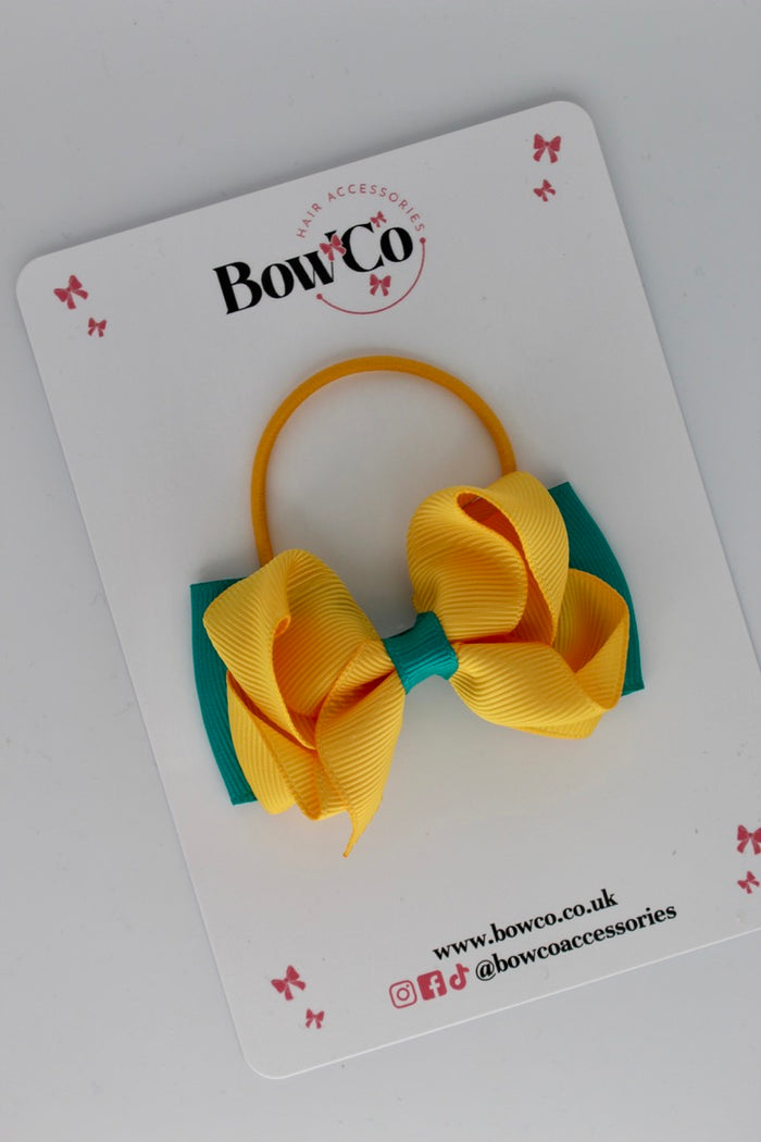 School Bow Jade Green and Yellow Gold - Pleated Bow - Elastic