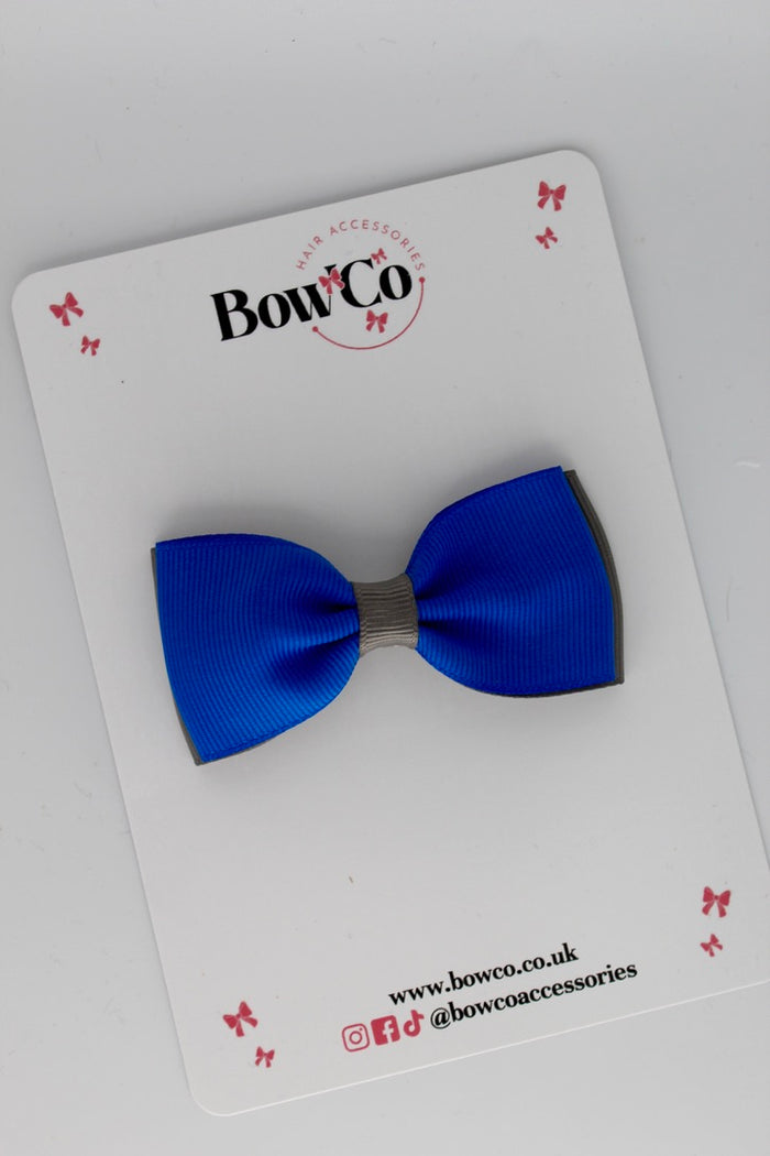 School Bow Royal Blue and Metal Grey - Double Lapel Bow - Clip