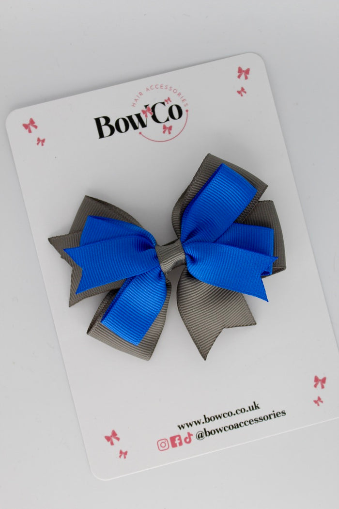 School Bow Royal Blue and Metal Grey - Double Tail Bow - Clip
