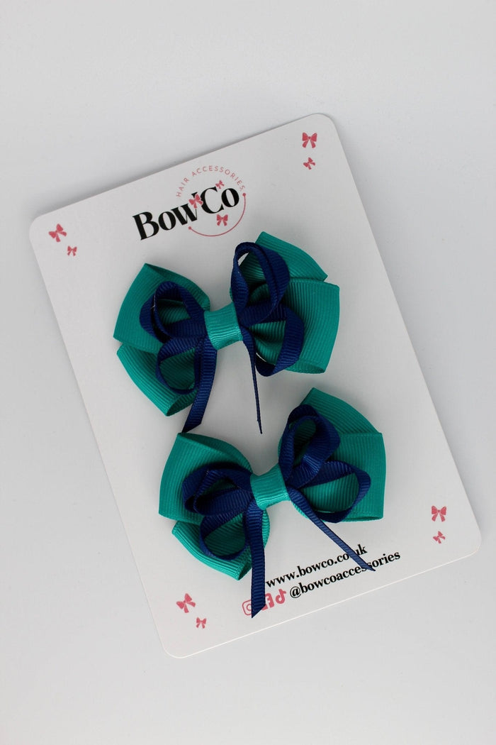 School Bows Jade Green and Navy - Double Bow Set - Clip