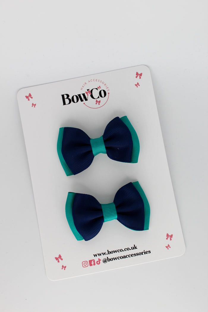 School Bows Jade Green and Navy - Double Bow Set - Clip