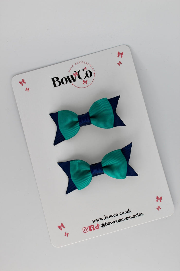 School Bows Jade Green and Navy - Layer Tail Bow Set - Clip