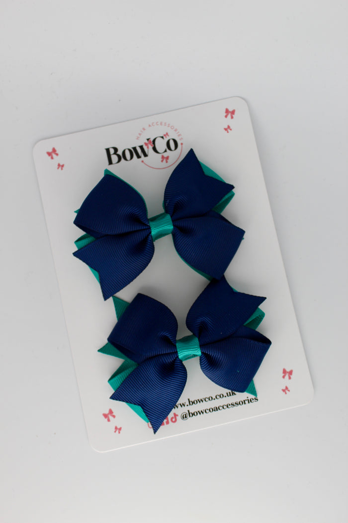 School Bows Jade Green and Navy - Layer Tail Bow Set - Clip