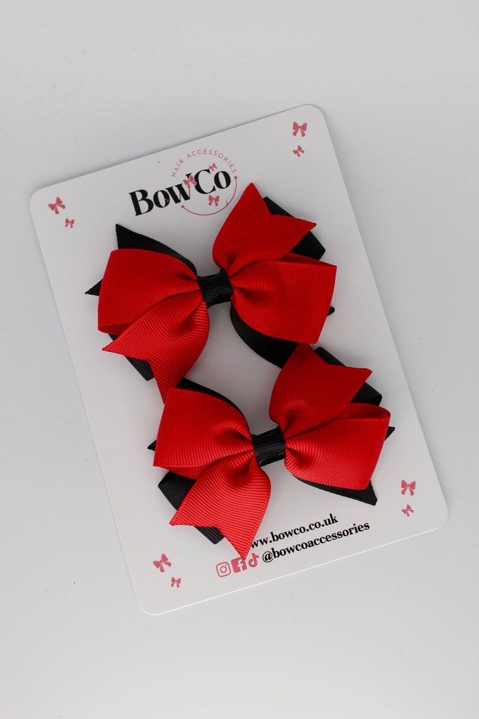 School Bows Red and Black - Layer Tail Bow Set - Clip