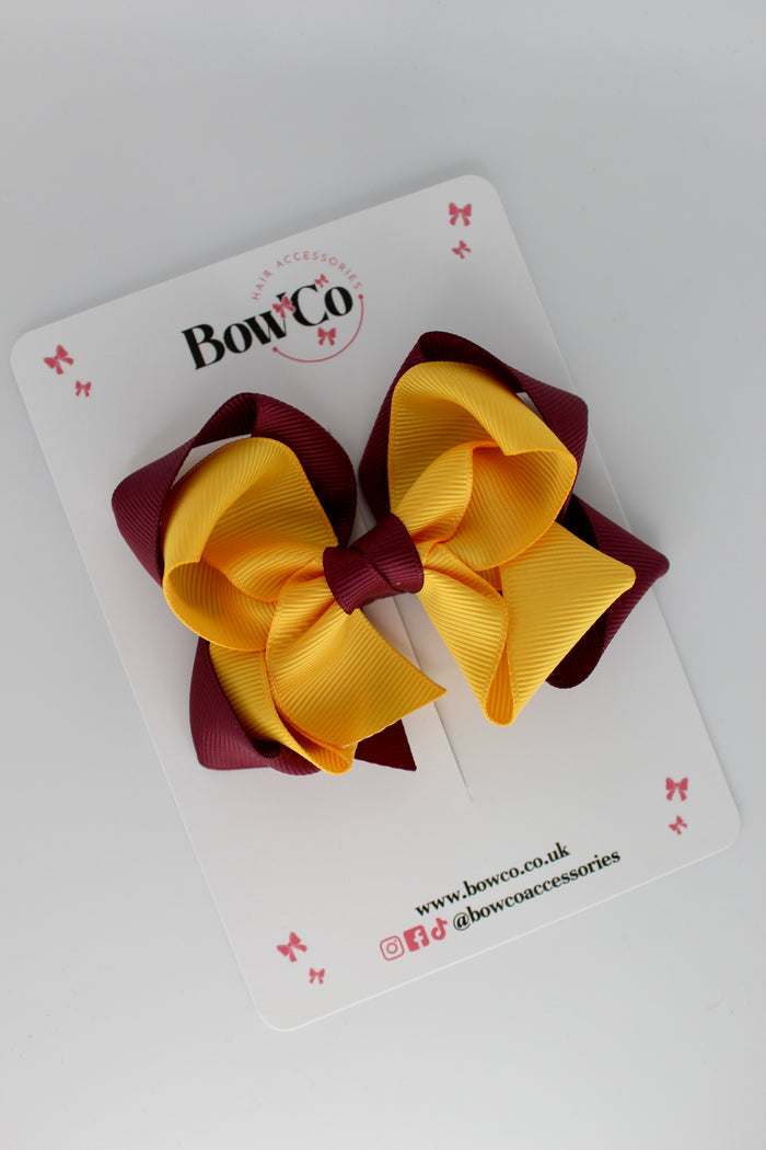 School Burgundy and Yellow Gold Double Loop Bow - Clip