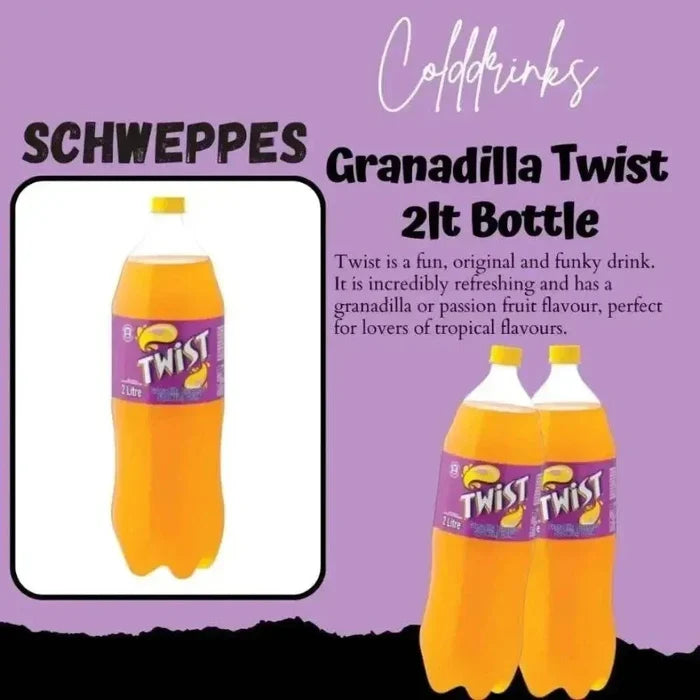 2-liter bottle of Schweppes Granadilla Twist tropical soft drink