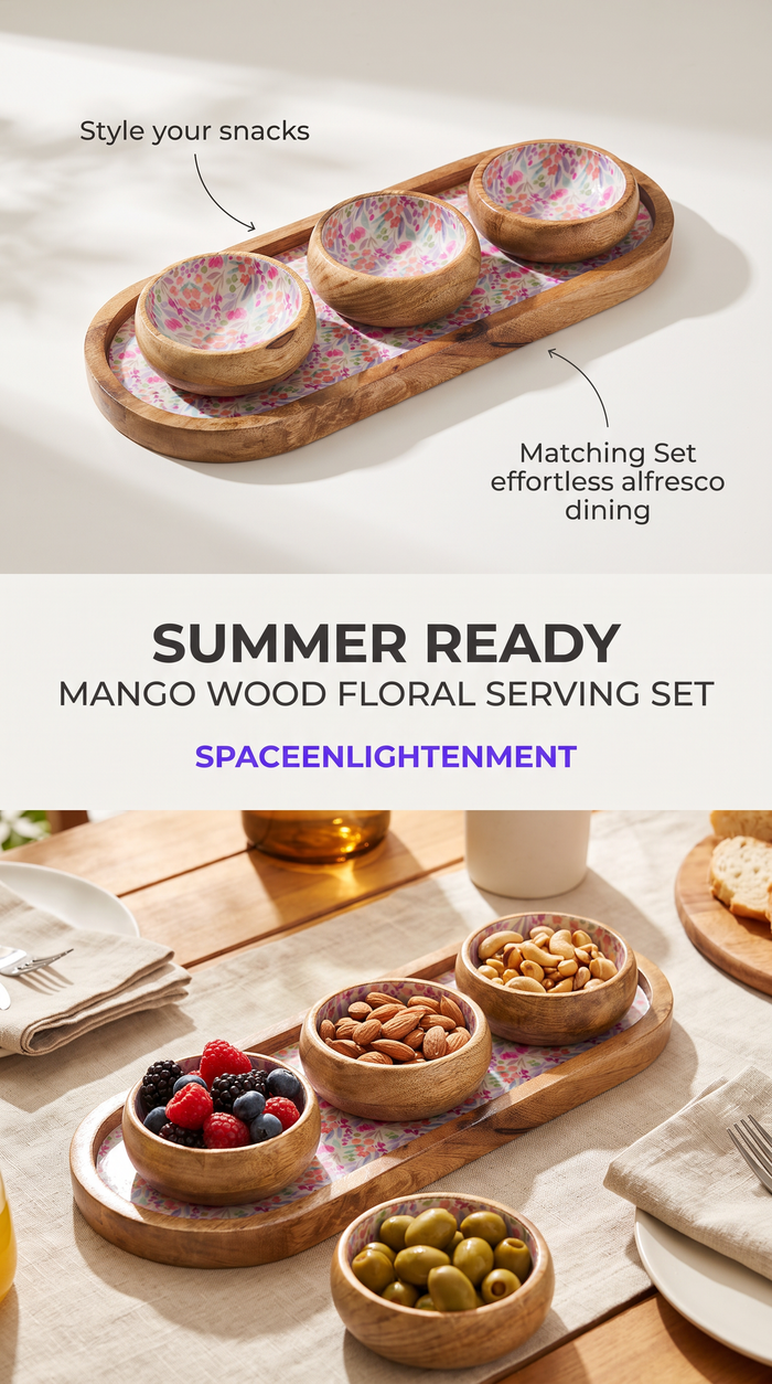 Serving Tray With 3 Bowls - Handmade Mango Wood Pretty Floral Decor