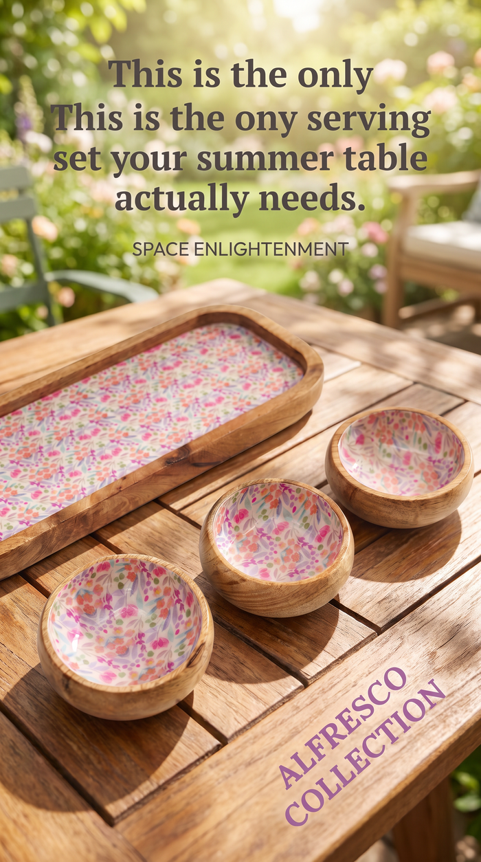 Serving Tray With 3 Bowls - Handmade Mango Wood Pretty Floral Decor