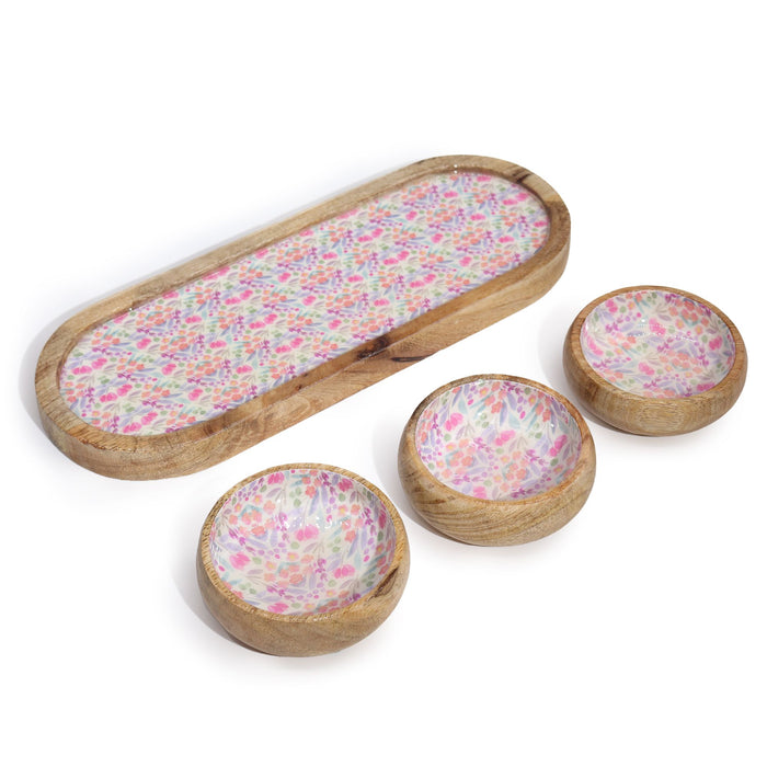 Serving Tray With 3 Bowls - Handmade Mango Wood Pretty Floral Decor