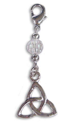 silver celtic trinity knot charm with clear faceted bead mini hair accessory front view