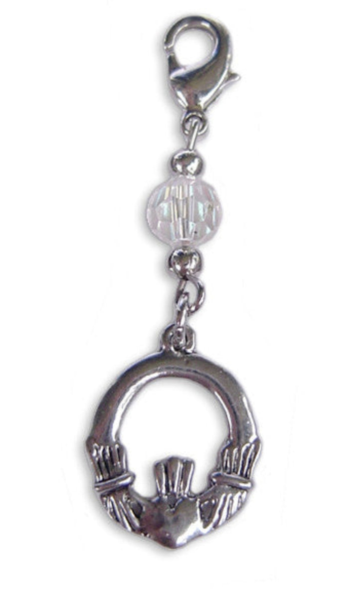 silver claddagh charm with clear faceted bead mini hair accessory front view