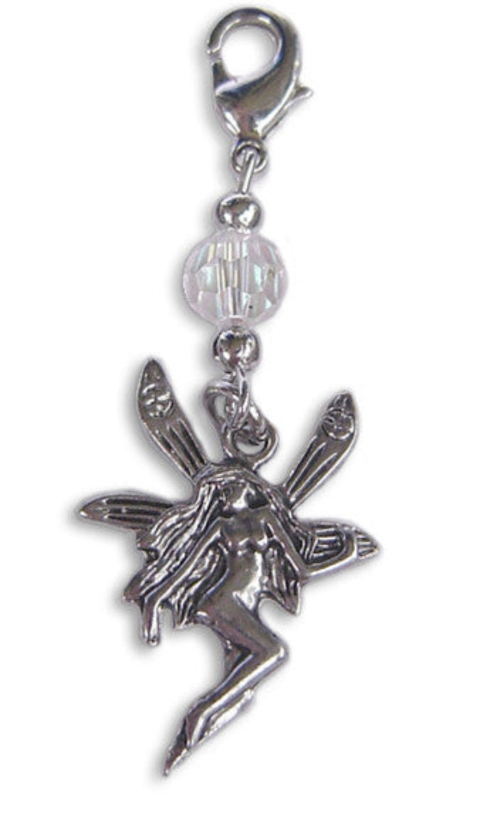 silver fairy charm with faceted bead mini hair accessory front view