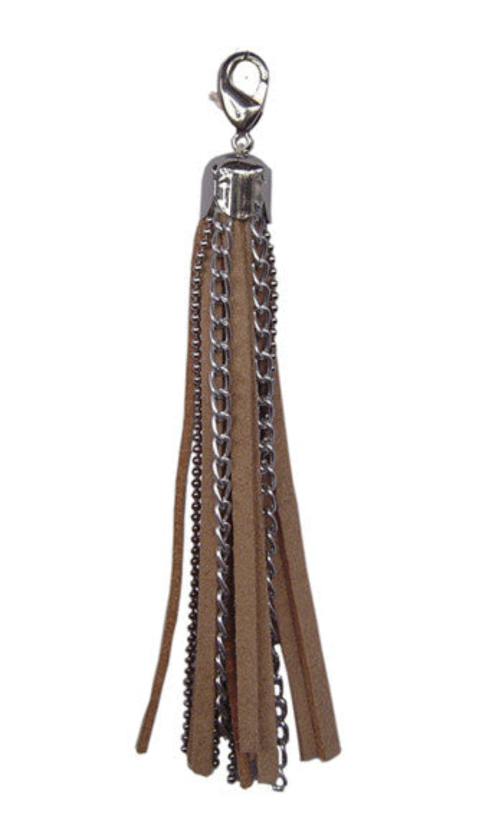 brown leather fringe charm with silver chain and clasp mini hair accessory front view