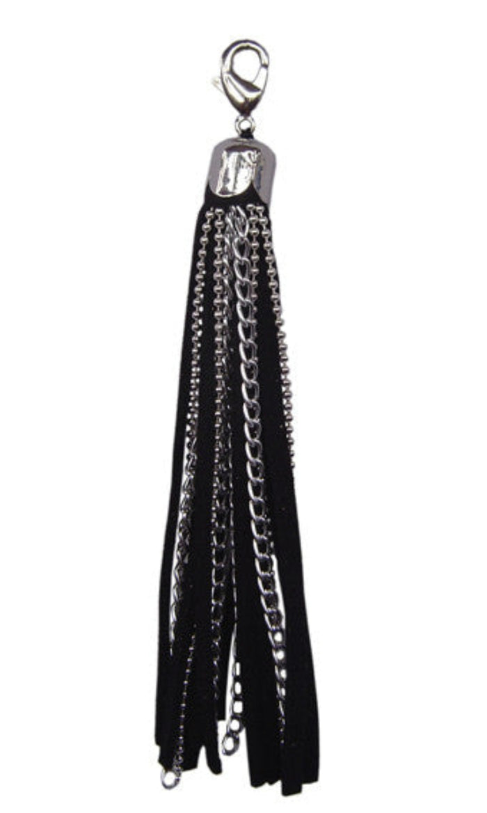 black leather fringe charm with silver chain and clasp mini hair accessory front view