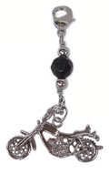 silver motorcycle charm with black faceted bead mini hair accessory front view