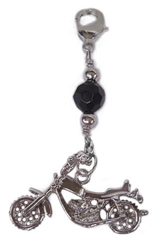 silver motorcycle charm with black faceted bead mini hair accessory front view
