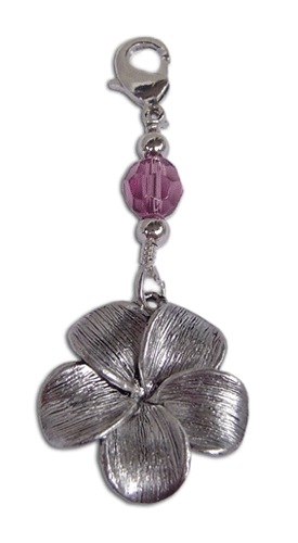 silver plumeria flower charm with pink faceted bead mini hair accessory front view