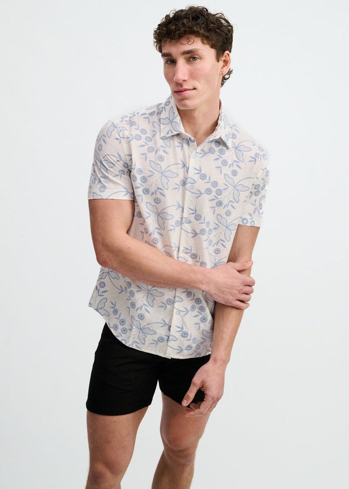Sky/White Printed Stretch Eyelet Knit Short Sleeve Shirt St-24077