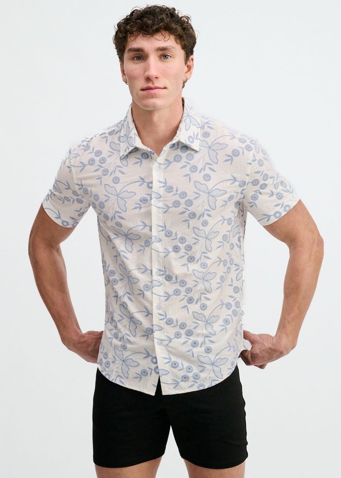 Sky/White Printed Stretch Eyelet Knit Short Sleeve Shirt St-24077