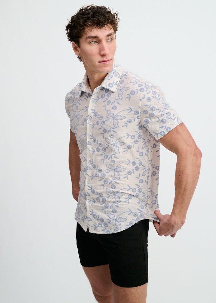 Sky/White Printed Stretch Eyelet Knit Short Sleeve Shirt St-24077