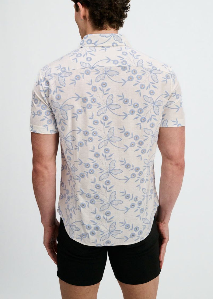Sky/White Printed Stretch Eyelet Knit Short Sleeve Shirt St-24077