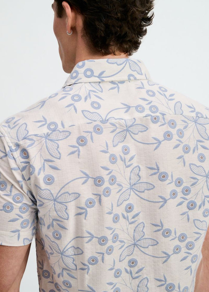 Sky/White Printed Stretch Eyelet Knit Short Sleeve Shirt St-24077