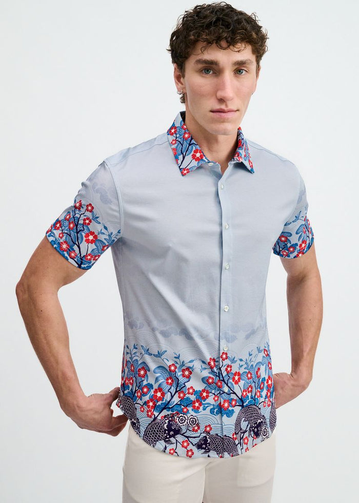 Slate/Navy Floral Engineered Border Print Cotton Knit Jersey Short Sleeve Shirt St-9353