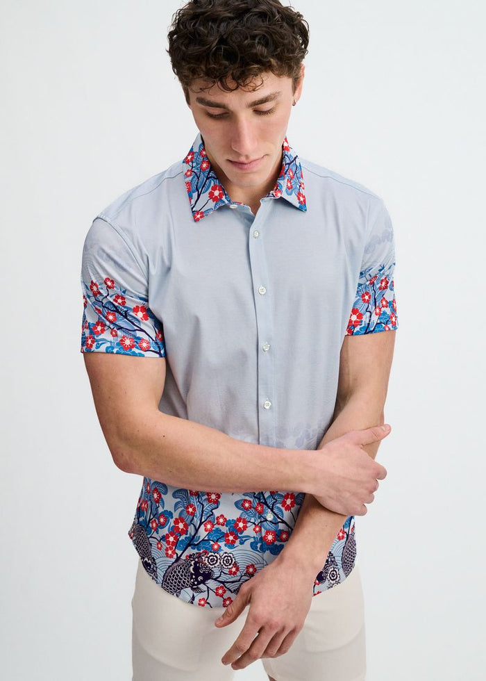 Slate/Navy Floral Engineered Border Print Cotton Knit Jersey Short Sleeve Shirt St-9353