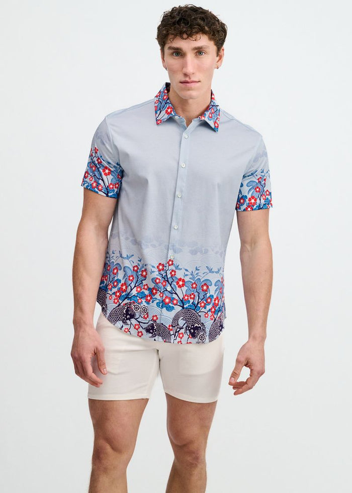 Slate/Navy Floral Engineered Border Print Cotton Knit Jersey Short Sleeve Shirt St-9353