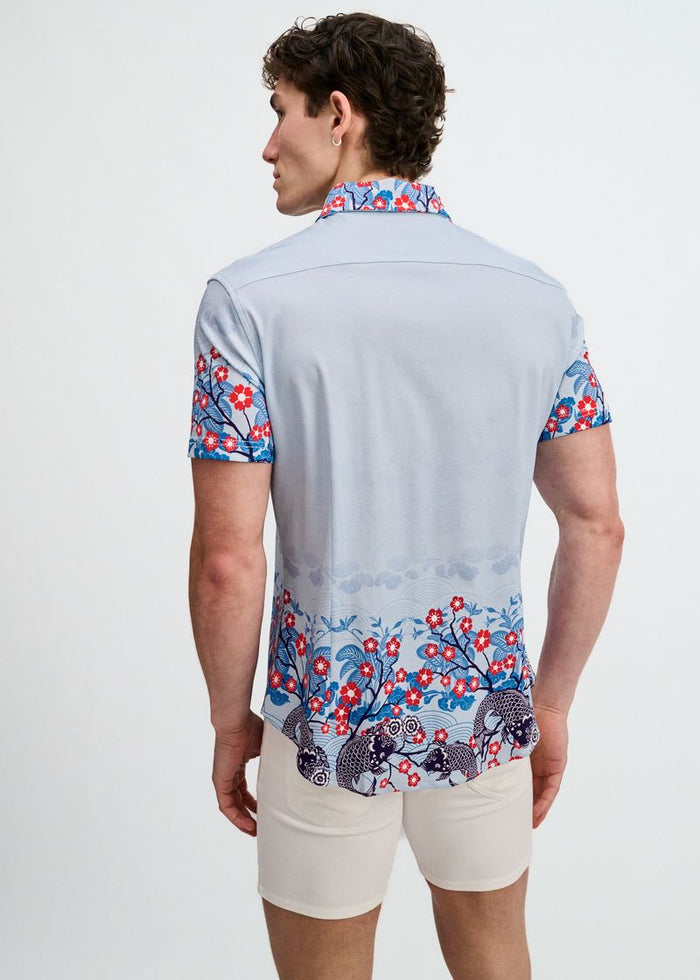Slate/Navy Floral Engineered Border Print Cotton Knit Jersey Short Sleeve Shirt St-9353