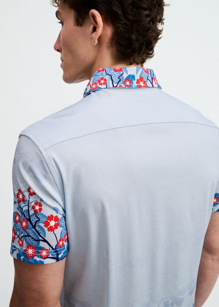 Slate/Navy Floral Engineered Border Print Cotton Knit Jersey Short Sleeve Shirt St-9353