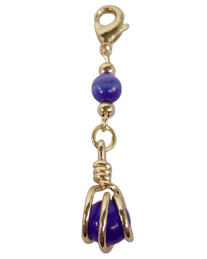 Blue bead hair charm with gold metal wrap and clasp for braids and Hair Twisters on white background