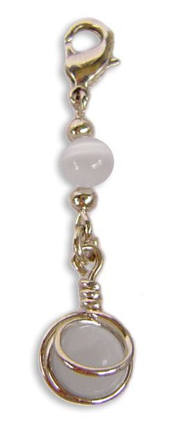 White bead hair charm with gold metal wrap and clasp for braids and Hair Twisters on white background