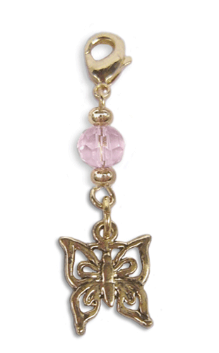 gold butterfly charm with pink faceted bead mini hair accessory front view