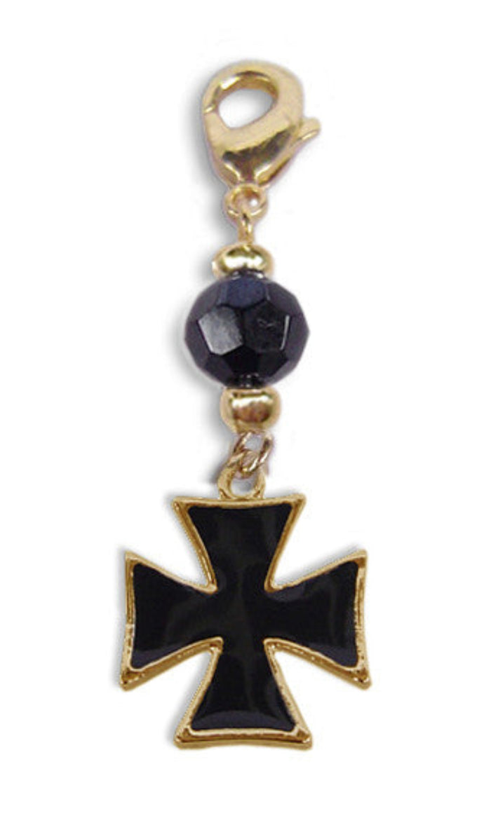 gold cross charm with black enamel and faceted bead mini hair accessory front view