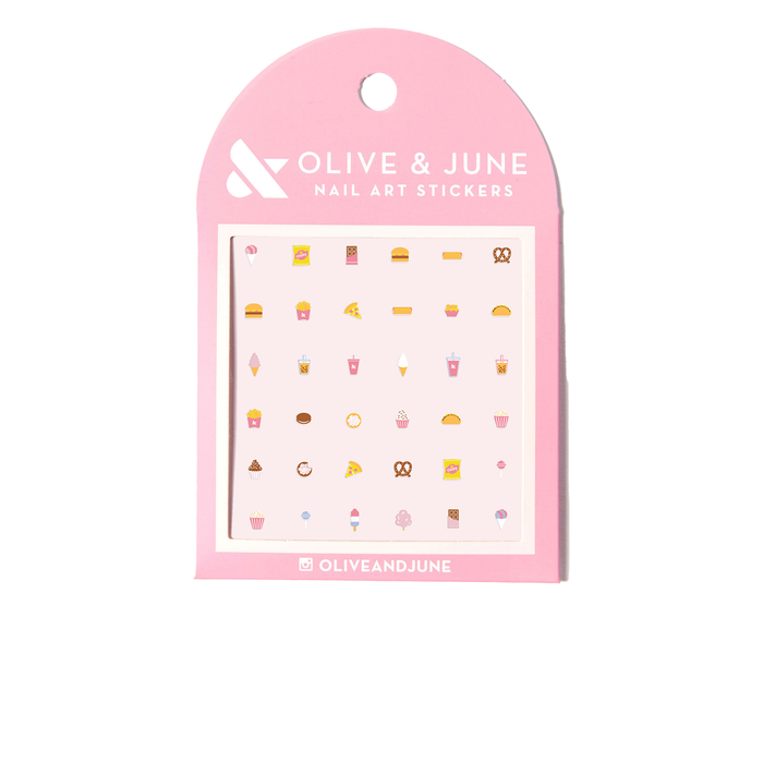 Snack Time pack of nail art stickers with tiny snack designs including pizza, popcorn, and pretzels on pink card by Olive and June
