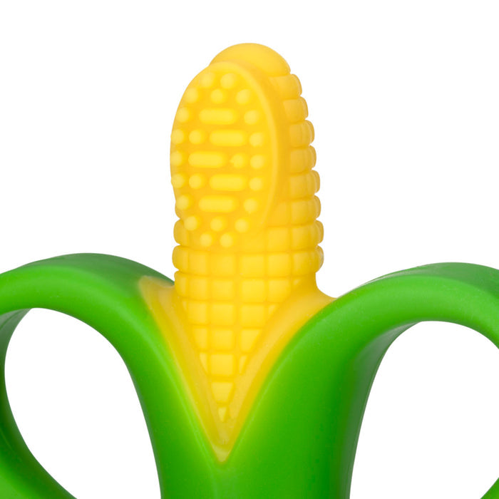 The Soothing Corn Teether is a yellow and green silicone baby teether, shaped like an ear of corn with a textured surface, designed to resemble a partially peeled banana and provide relief during teething.