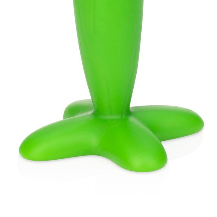 A close-up of the green, tripod-like base of the Soothing Corn Teether against a white background. The silicone teether's three rounded legs spread outward, offering ideal relief for teething babies.