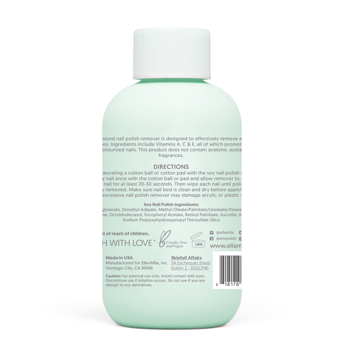 Soy Nail Polish Remover unscented 4 fl oz bottle, back label with directions and ingredients