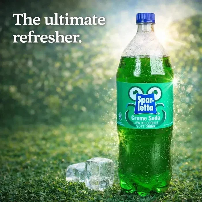 Sparletta Cream Soda 2 litre bottle with bright green label, iconic South African sweet vanilla soft drink