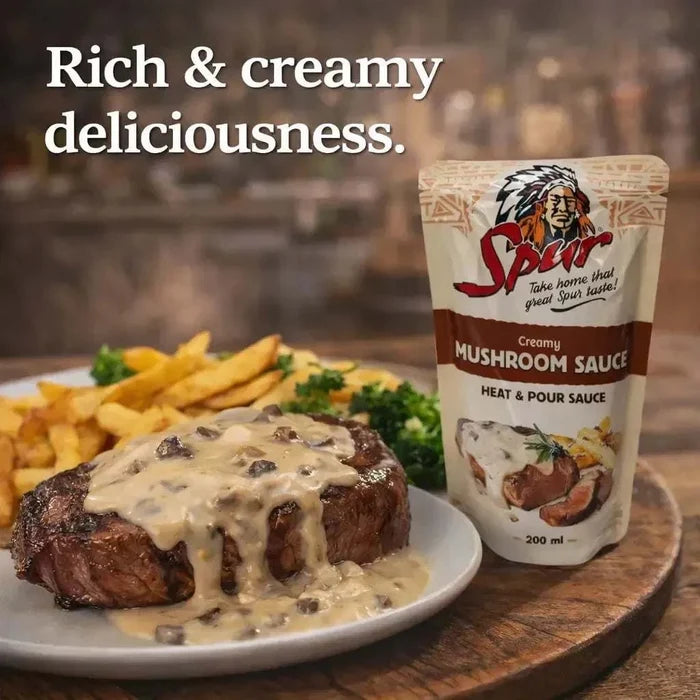 SPUR Sauce Mushroom 200ml jar with creamy savory mushroom sauce for steaks, burgers, and vegetables
