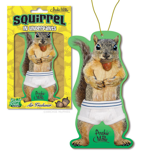 The Squirrel in Underpants Deluxe Air Freshener, complete with its packaging, offers a delightful forest fresh scent.