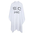 White barber cape with 'SC Pro' logo on a white background