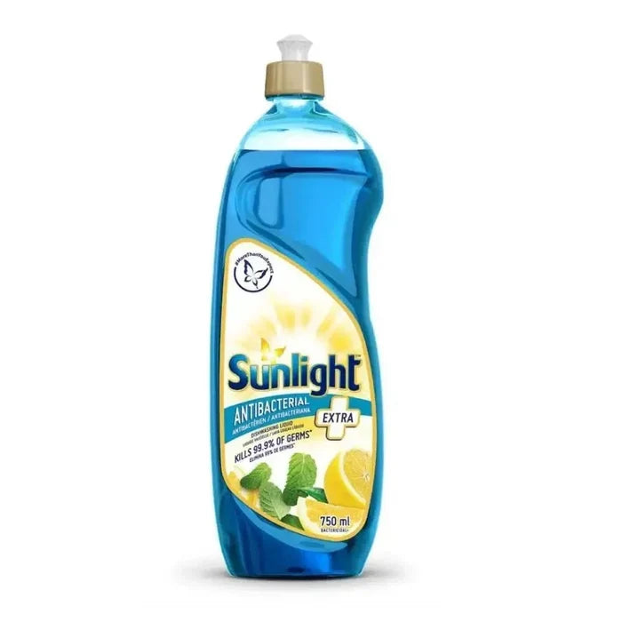 Sunlight Dishwashing Liquid 750ml bottle with antibacterial lemon formula for cleaning dishes and utensils