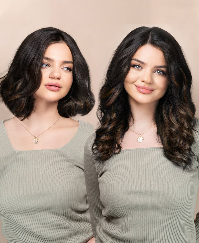 tape-in hair extensions mocha balayage.