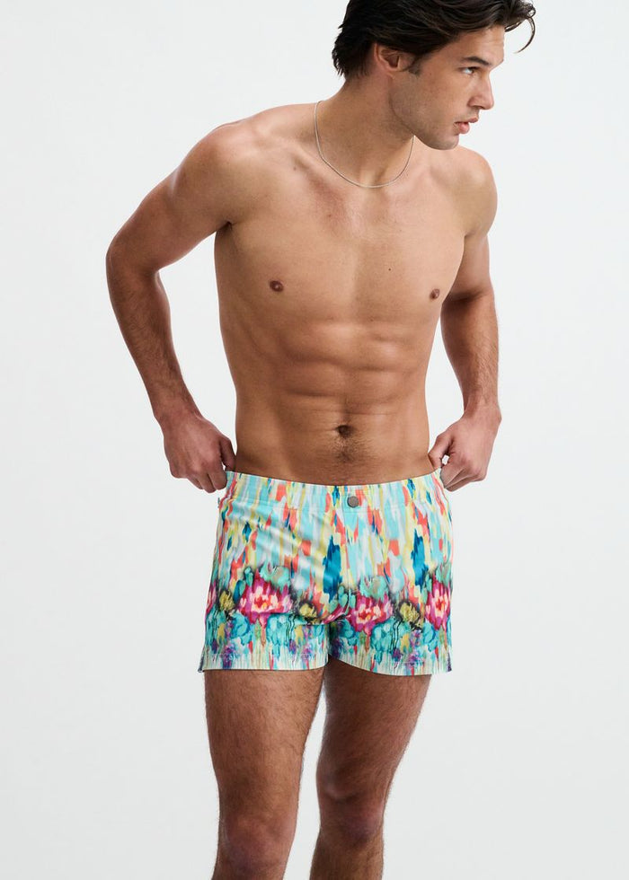 Teal/Multi Drips Printed Swim Shorts W/Mesh Brief Lining St-8024-13