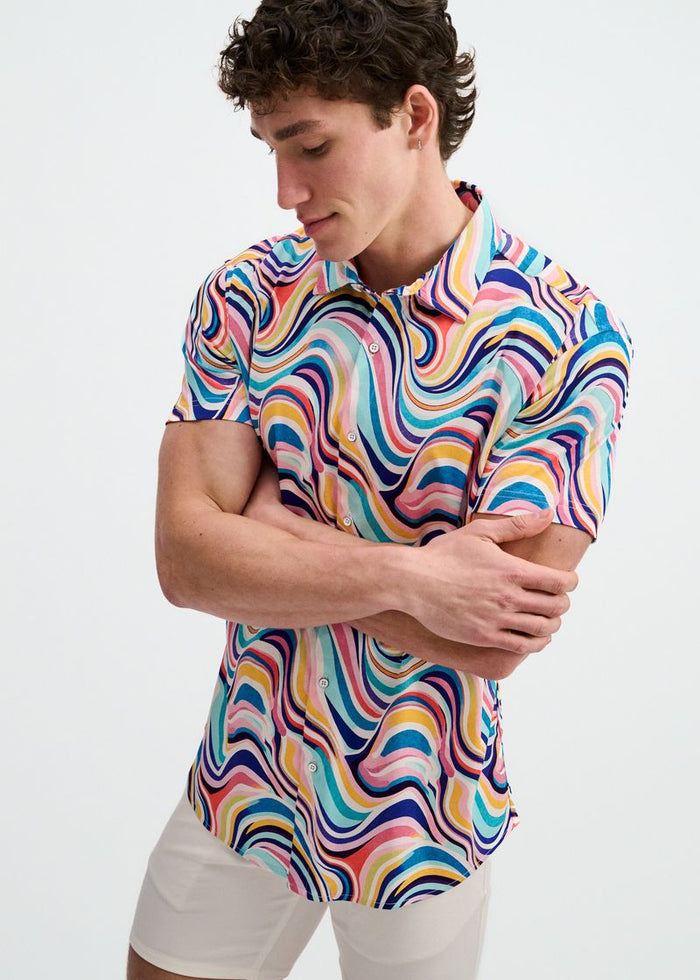Teal/Multi Swirls Printed Cotton Knit Jersey Short Sleeve Shirt St-9367