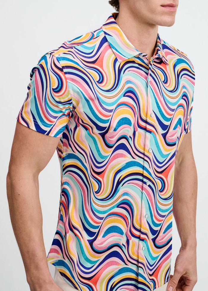 Teal/Multi Swirls Printed Cotton Knit Jersey Short Sleeve Shirt St-9367