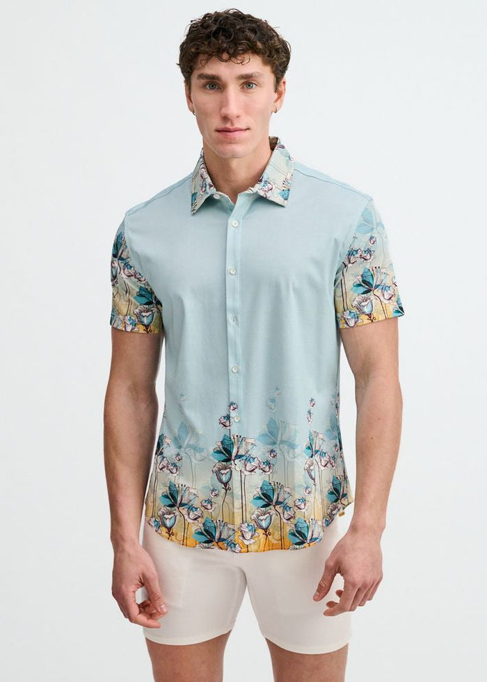Teal/Ocean Floral Engineered Border Print Cotton Knit Jersey Short Sleeve Shirt St-9352